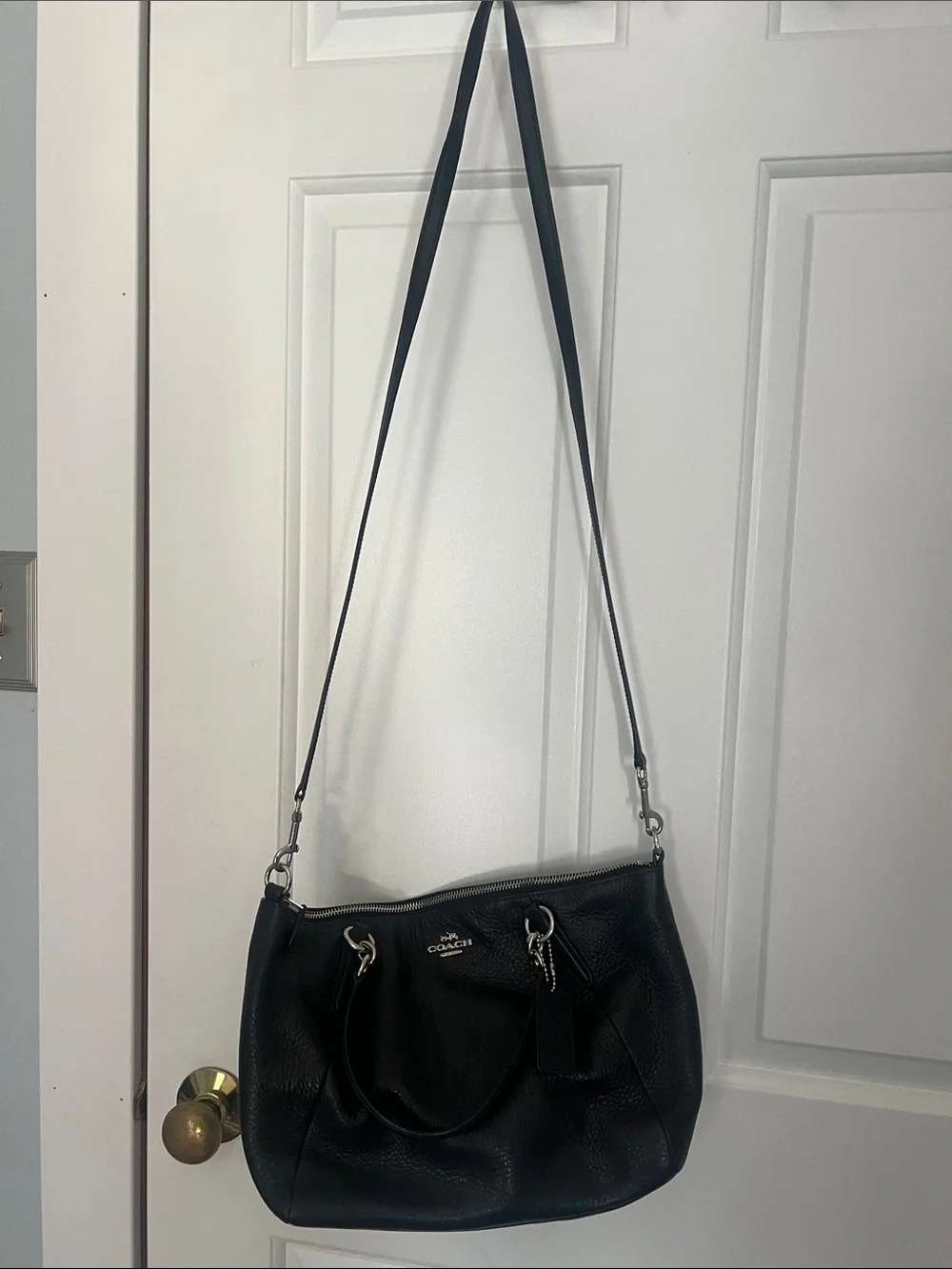 Coach Black Pebbled Leather Satchel with Shoulder Strap . 14W, 9L.